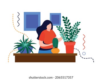 Composición plana en el jardín del hogar con cuidado de las plantas con carácter femenino en ilustración de vector de tabla