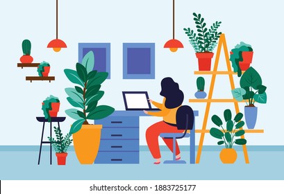 Home garden flat composition with indoor living room interior with working space laptop and pot plants vector illustration