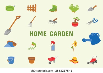 Home Garden Flat Vector Illustration Icon Sticker Set Design Materials