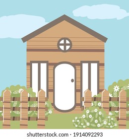 home garden flowers wood fence bush nature vector illustration
