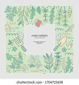 Home garden of fragrant herbs, illustration for a positive motivation of life. Fragrant herbs for tasty and healthy dishes.