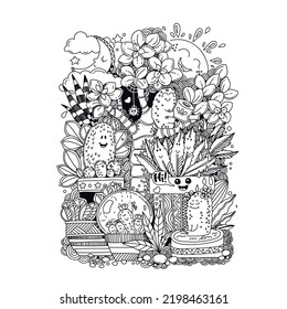 Home garden. Happy cacti and succulents. Doodles. Coloring page for adult. Vector illustration.