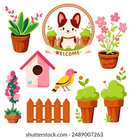 Hogar jardín, hobby, jardinería, juego de ocio. Flor de dibujos animados, pajarera, pájaro, planta en maceta. Se puede utilizar para scrapbooking, tarjeta de felicitación, póster, etiqueta, kit de pegatinas. Ilustración vectorial EPS8