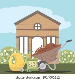 home garden house watering can wheelbarrow flower bush nature vector illustration
