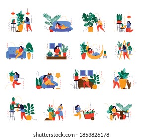 Home garden icons set with houseplants variety flat isolated vector illustration