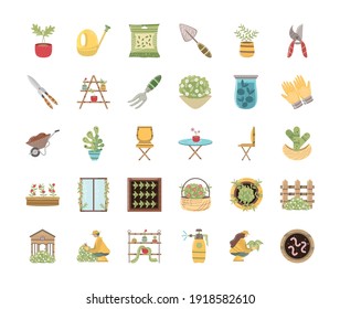 home garden icons set plant watering can scissors seeds gloves cactus vector illustration