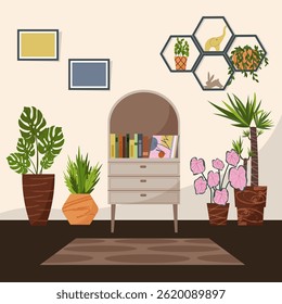 Home garden, illustration with furniture and flowers. Bookcase with books. Flowers in pots. Green greenhouse in the apartment. A place to relax with plants. Vector illustration