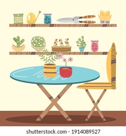 home garden interior table plants flowers scissors and chair vector illustration