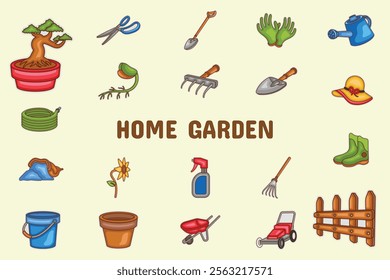 Home Garden Lineal Color Vector Illustration Icon Sticker Set Design Materials