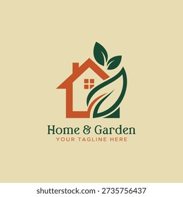 Home and Garden Logo Design featuring a house silhouette combined with vibrant green leaves. Ideal for home decor, eco-friendly gardening, landscaping services, sustainable real estate, and residential property branding.