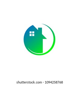 Home garden logo, leaf house icon, circle design.