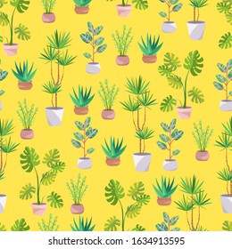 Home garden. Monstera, Dracaena, Ficus, Zamioculcas, Aloe vera. Palm trees and succulents. Cute  house plants. Nature. Cartoon illustration. Seamless yellow background with pattern.