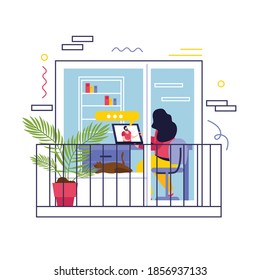 Home garden on balcony concept with houseplants and house interior flat vector illustration