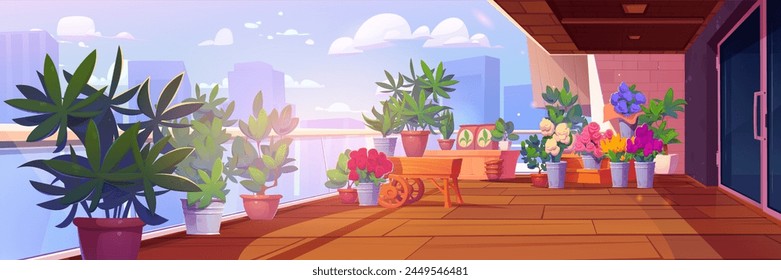 Home garden on high terrace or rooftop of skyscraper with cityscape on background. Cartoon vector patio or veranda with wooden floor, green trees and plants in pots, flowers in vases on rack and table