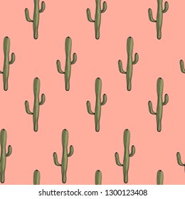home garden plant green mexican cactus seamless pattern on a coral background