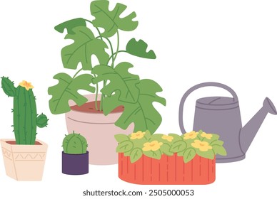 Home garden plants and equipment. Urban jungle greenery isolated on white background