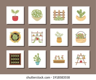 home garden potted plant flowers fence basket icons vector illustration