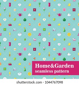 Home and Garden seamless pattern. Diagonal tiles with household objects.