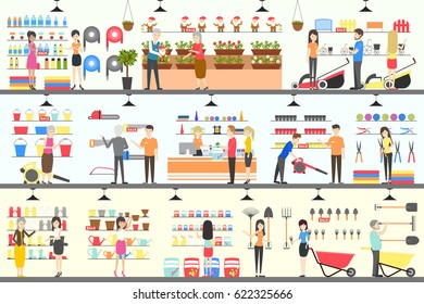 Home and garden store interior set. Furniture and garden tools.
