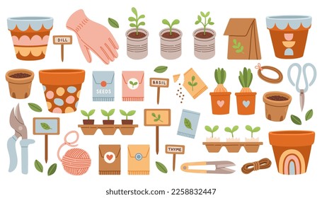 Home garden tool set. Vector isolated cute spring garden elements clay pots, onion flowers, seeds, gardeners tool.