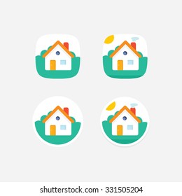 Home and garden vector icon for mobile or website application. Home logo template concept in rounded square or circle background. Home real estate ribbon for game in cartoon style with sun.