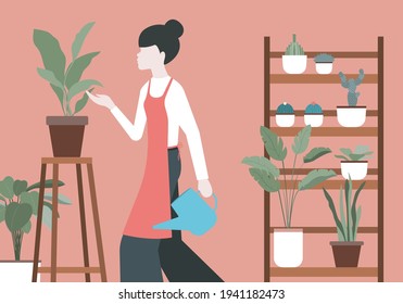 Home garden Vector illustration in flat design Florist girl with blue watering can in her hand is caring of her flowers Home plants in interior