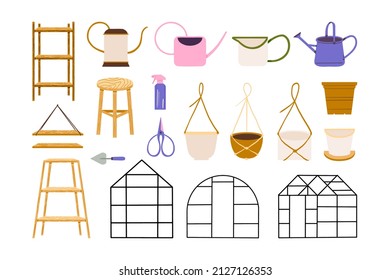 Home garden, watering can, wooden shelf, hanging pots, greenhouse, gardener essentials illustration