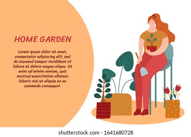 
Home garden. A woman caring for plants. Vector illustration with place for your text.