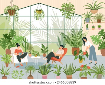 Jardín casero. Las mujeres leen libros en el invernadero. Niña cuidando de las plantas de casa. Flores en macetas. Jardinería en la casa. Plantas de cultivo femenino. Personas hobby. Amigos juntos ocio. Vector interior naranja