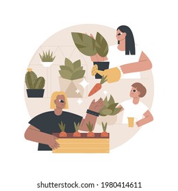 Home gardening abstract concept vector illustration. Growing you own vegetables indoors, watering flowers, eco gardening, reconnect with nature, stay home idea, seeds planting abstract metaphor.