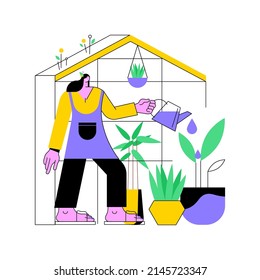 Home gardening abstract concept vector illustration. Growing you own vegetables indoors, watering flowers, eco gardening, reconnect with nature, stay home idea, seeds planting abstract metaphor.