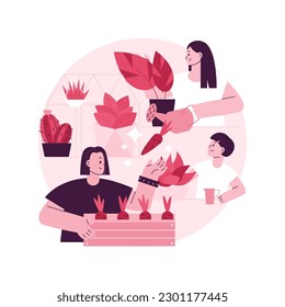 Home gardening abstract concept vector illustration. Growing you own vegetables indoors, watering flowers, eco gardening, reconnect with nature, stay home idea, seeds planting abstract metaphor.