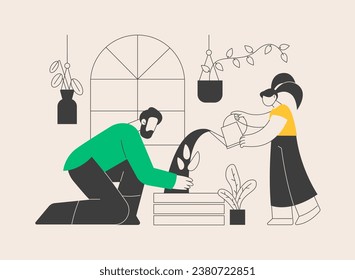 Home gardening abstract concept vector illustration. Growing you own vegetables indoors, watering flowers, eco gardening, reconnect with nature, stay home idea, seeds planting abstract metaphor.