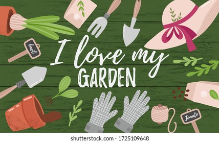 Home gardening banner with garden tools, a wooden crate with fresh tasty vegetables and flower pots. Vector illustration