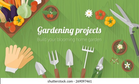 Pancarta de jardinería casera con herramientas, una jaula de madera con verduras frescas y sabrosas macetas, vista superior con espacio para copiar