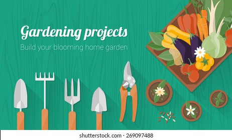 Home gardening banner with tools, a wooden crate with fresh tasty vegetables and flower pots, top view with copy space