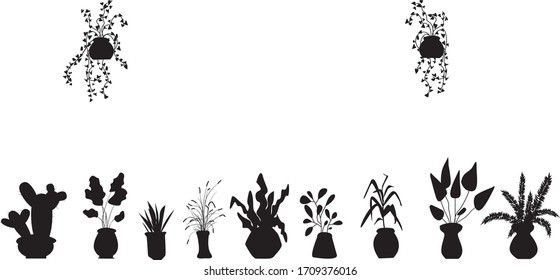 Home gardening black background. Plants houses silhouette geometric seamless pattern. Potted plants wallpaper. room flowers. Floristic background. Potted flowers flat postcard.