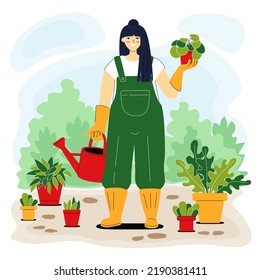 Home gardening character. Asian smiling young girl holding flower pot. Happy gardener woman with watering can among potted plants. Flat style illustration. Urban jungle concept.