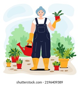 Home gardening character. Elderly white woman holding flower pot. Happy gardener with watering can among potted plants. Flat style illustration. Urban jungle concept.