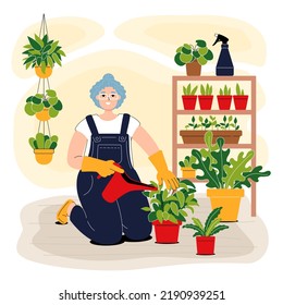 Carácter de jardinería en casa. Flores sonrientes de jardinero en una olla. Feliz mujer de pelo gris sosteniendo lata de agua. Ilustración de estilo plano. Concepto de ilustración de la jungla urbana.