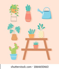 home gardening, collection of potted plants watering cand and cactus vector illustration