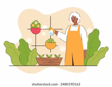 Home gardening concept. Grandmother waters the flowers. Vector flat illustration.