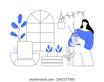 Casa jardinagem fã isolado desenhos animados vetor ilustrações. Smiling woman mantém uma casa planos, atividade de jardinagem, casa deveres, árvores crescendo, hobby de botânica, atividades interiores vetor cartoon.