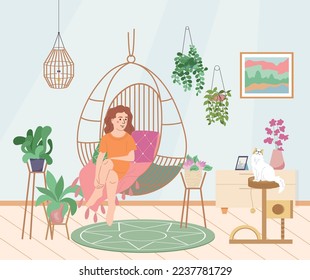 Home gardening flat composition with indoor interior scenery with woman in hammock chair surrounded by plants vector illustration