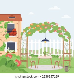 Home gardening flat composition with outdoor scenery of house backyard with greenhouse flowers and binding weed vector illustration