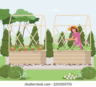 Home gardening flat composition with outdoor landscape and woman in hat working with garden flower beds vector illustration