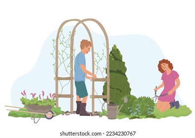 Home gardening flat composition with view of man and woman doing garden works on blank background vector illustration