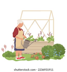 Home gardening flat composition with view of old woman watering flowers and plants on blank background vector illustration