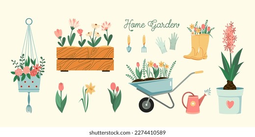 Home gardening hobby illustrations set. Vector plants, flowers, and garden tools spring seasonal flat style collection. Isolated