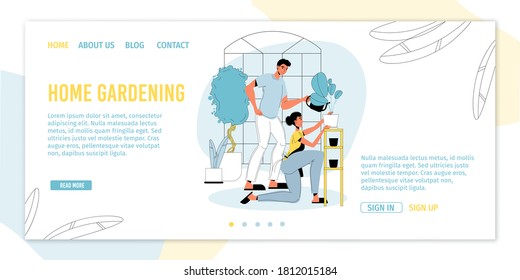 Home gardening hobby. Young married couple watering planting flower. Wife husband character spending time at greenhouse taking care plant growing in pot. Daily routine. Promotion landing page design